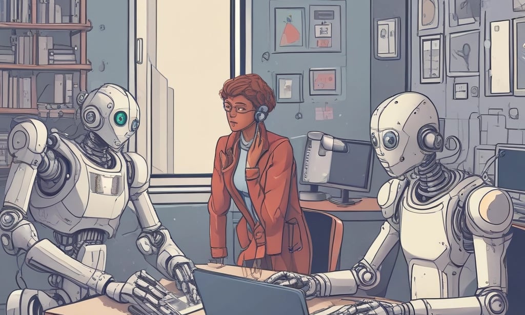 a robot - like robot with a woman in a red jacket