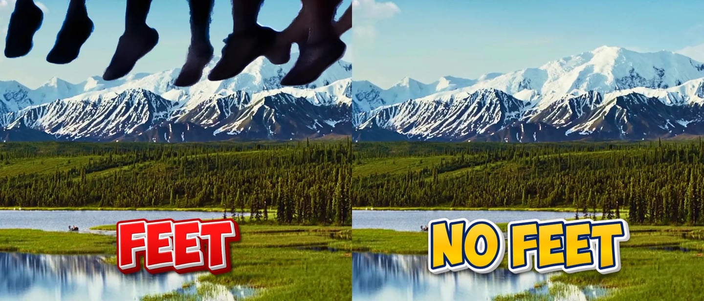 Soarin Across America seating hack comparison showing a view with dangling feet versus a clear view with no feet.