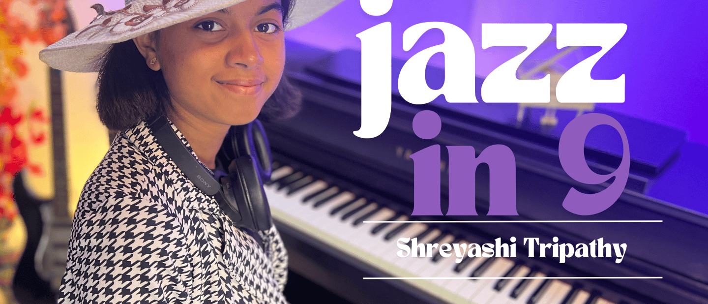 Shreyashi Tripathy, Indian pianist and composer, featured on the jazz fusion album cover 'Jazz in 9'