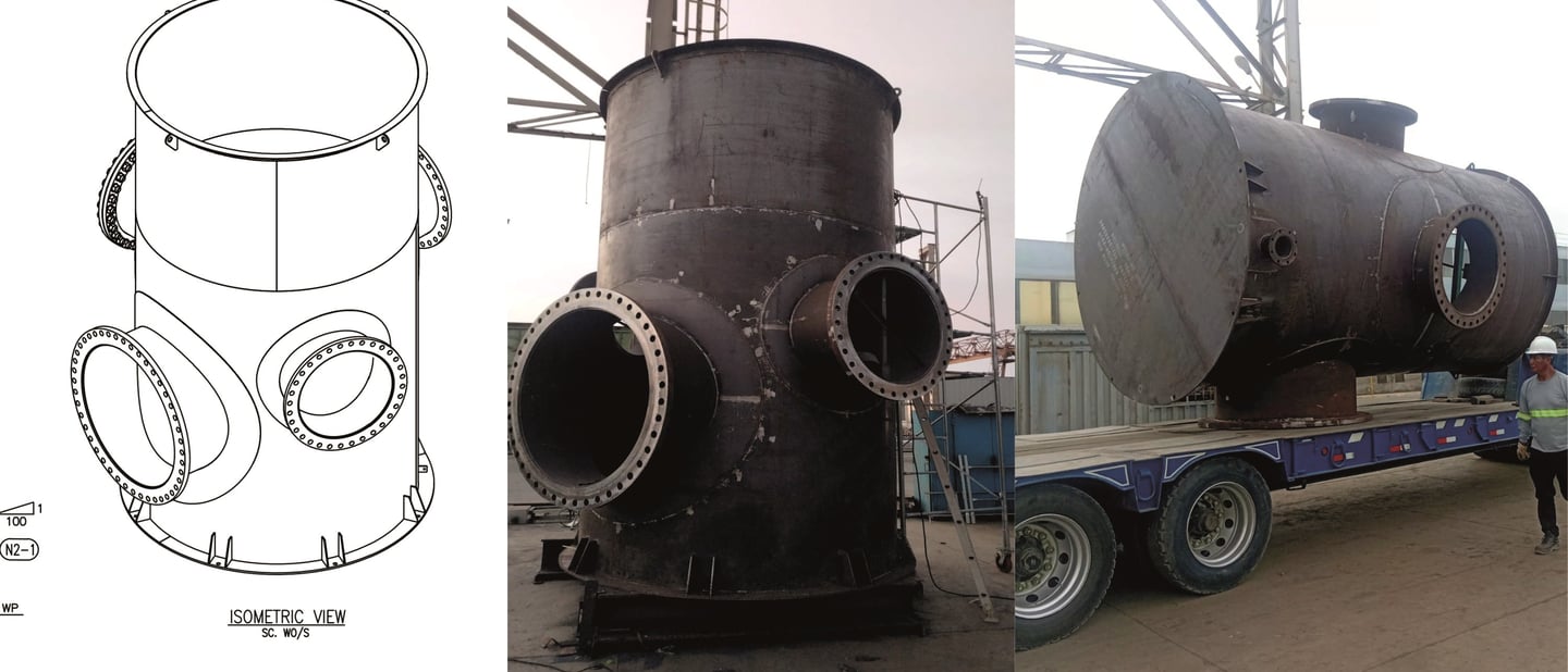 Custom industrial pressure vessel fabrication shown from technical CAD drawing to final heavy duty steel manufacturing.