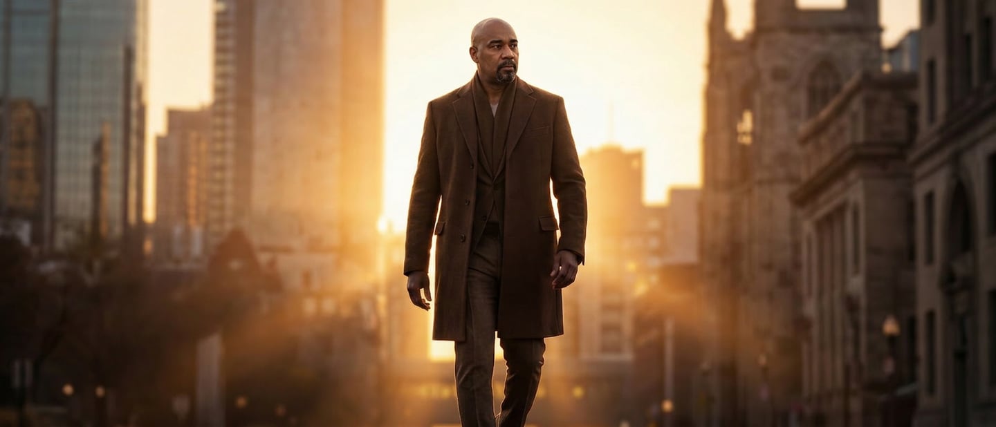 A black baby boomer in a brown wool overcoat walks through a golden sunset in a modern city.