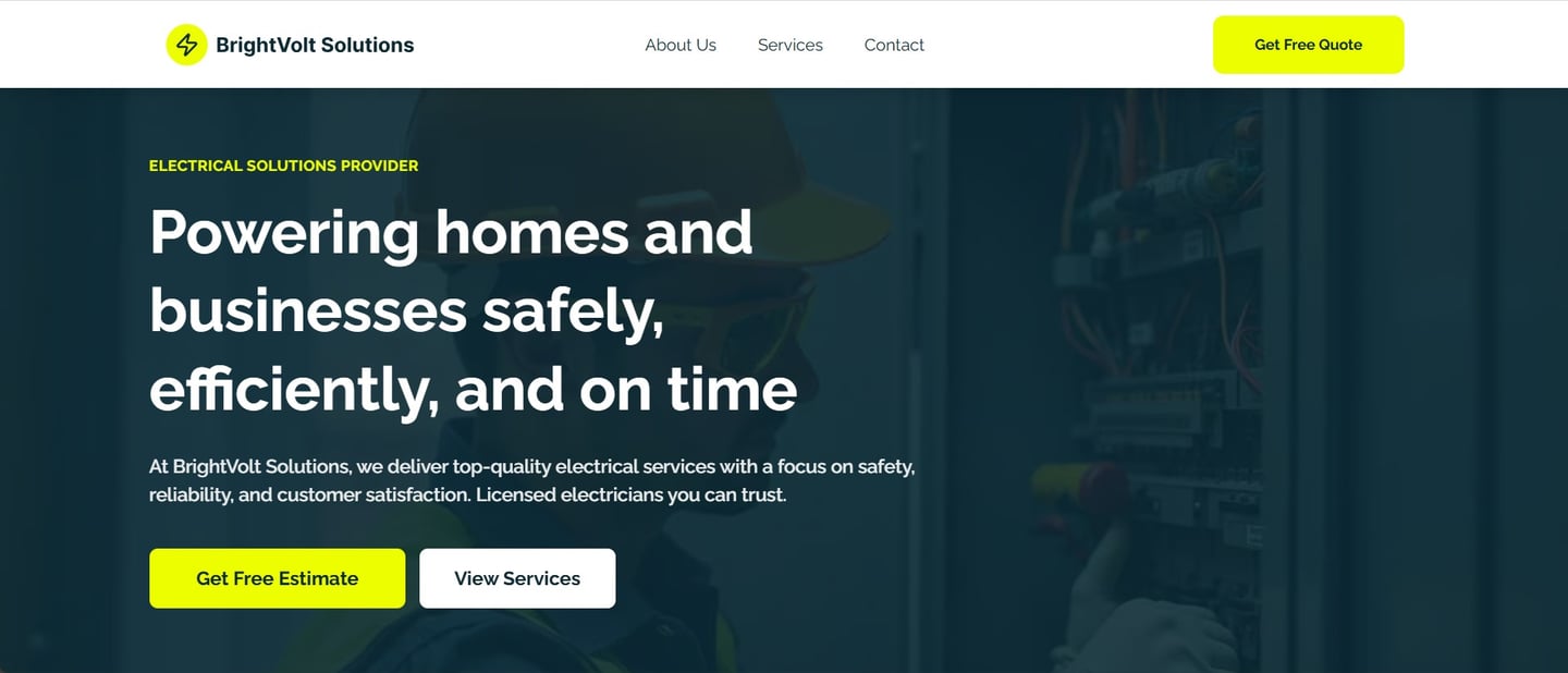 Licensed electrician wearing a hard hat working on a commercial electrical panel for BrightVolt Solutions.