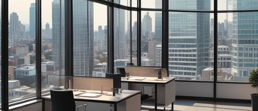 a large office with a desk and a chair