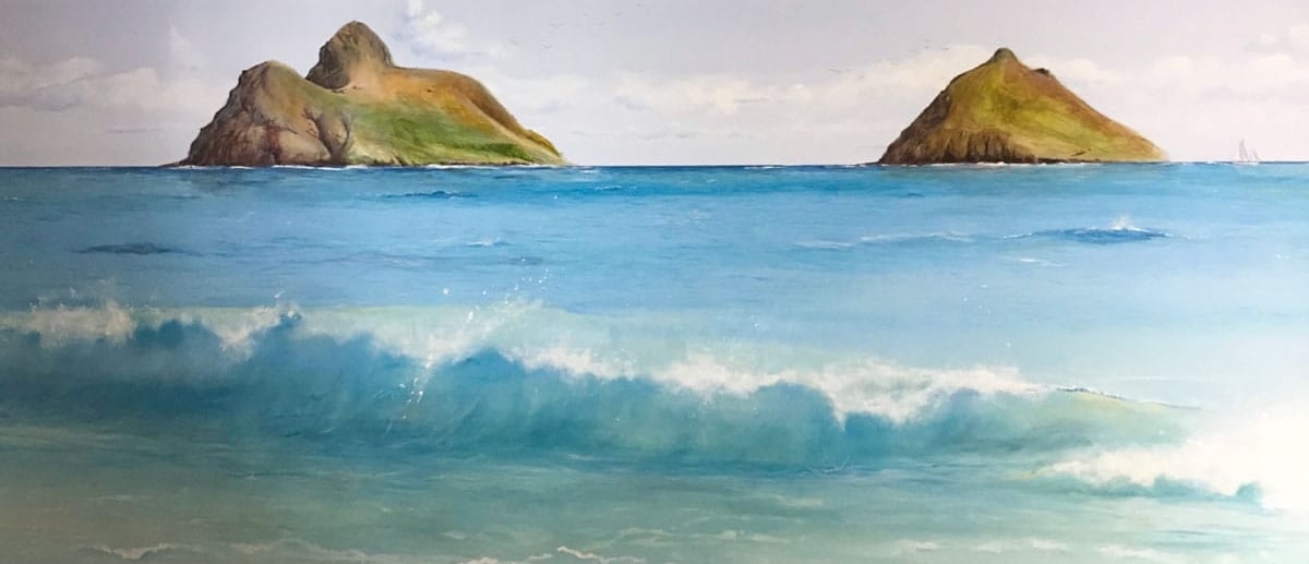Hand-painted mural of two Hawaiian islands, turquoise ocean, a sailboat and a breaking wave.