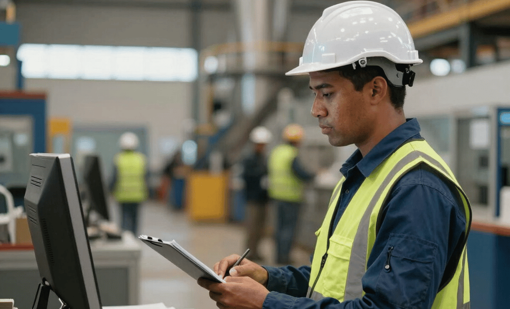 A welcoming office reception area with safety engineering posters on the walls.