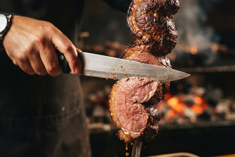 Close-up of a prime picanha skewer being sliced by a chef, juice glistening on the meat, glowing embers and soft smoke in the dark background, warm golden-hour lighting, shallow depth of field, 35mm