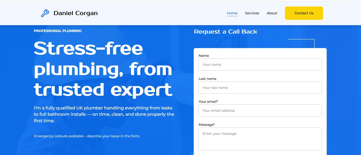 Professional plumber website banner with service contact form for UK plumbing and bathroom installations.