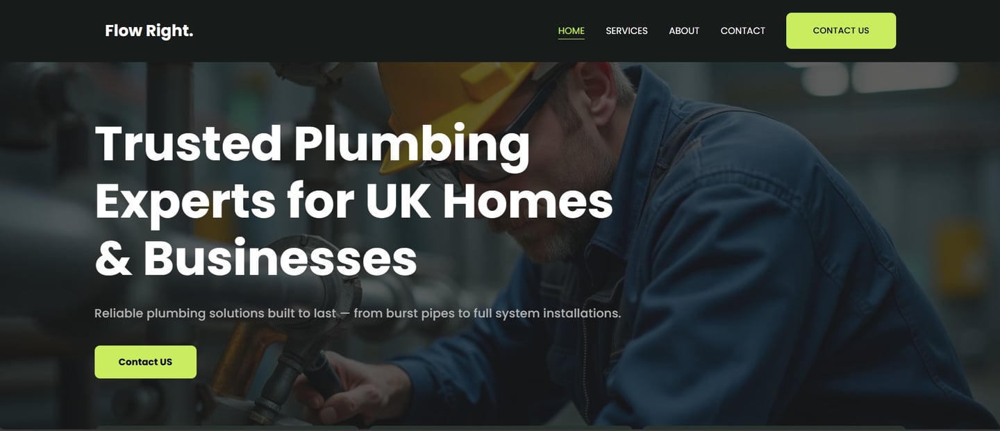 Professional plumber in hard hat repairing pipes for UK home and business plumbing services.