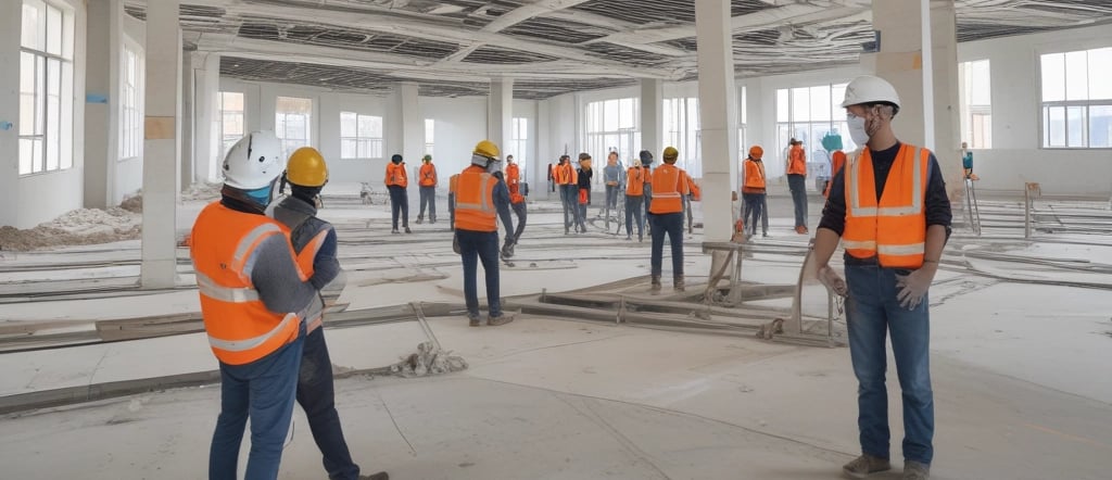 Construction workers installing drywall inside a modern building.