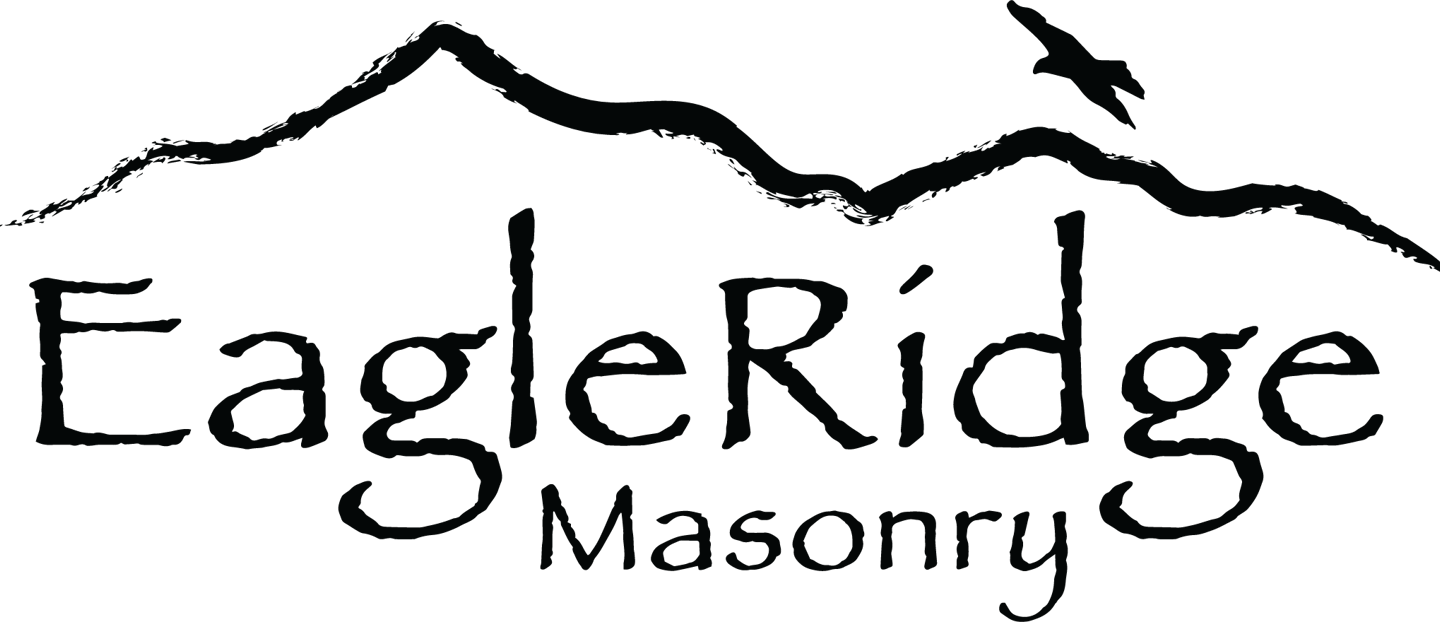 EagleRidge Masonry Logo. mountain ridgeline outline with eagle silhouette flying above. Eagleridge Masonry below all in black