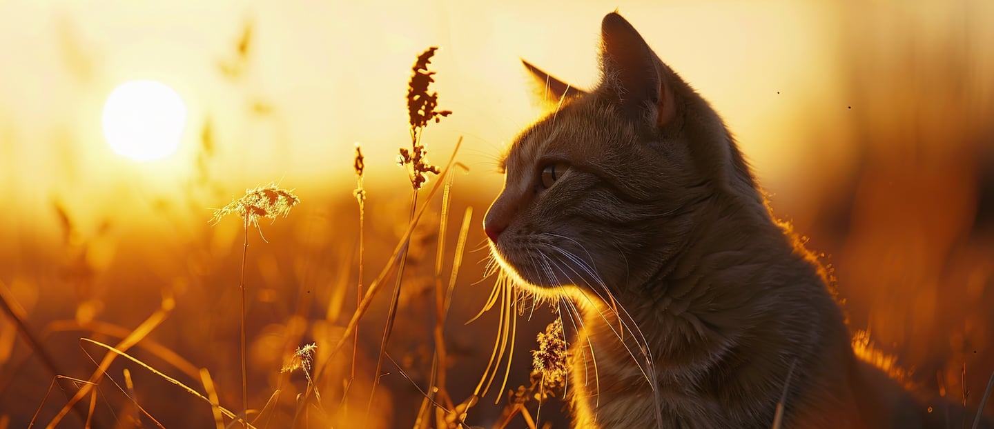a cat sitting in the grass with the sun setting.