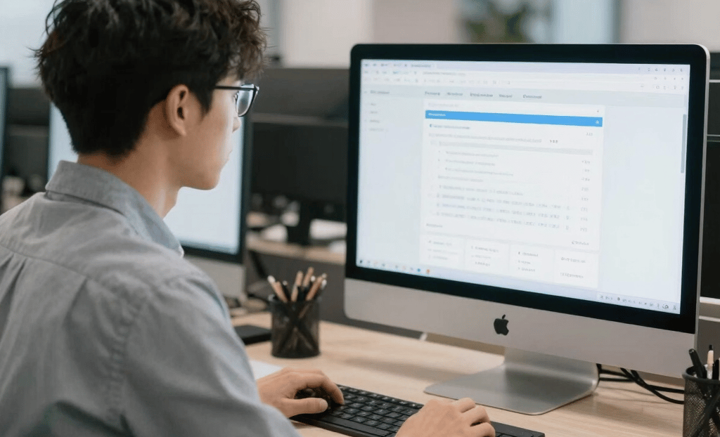 A friendly team collaborating over laptops in a bright, modern office space.
