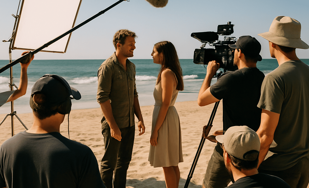A cozy film set with cameras, lights, and crew deeply engaged in shooting an intimate indie film scene.