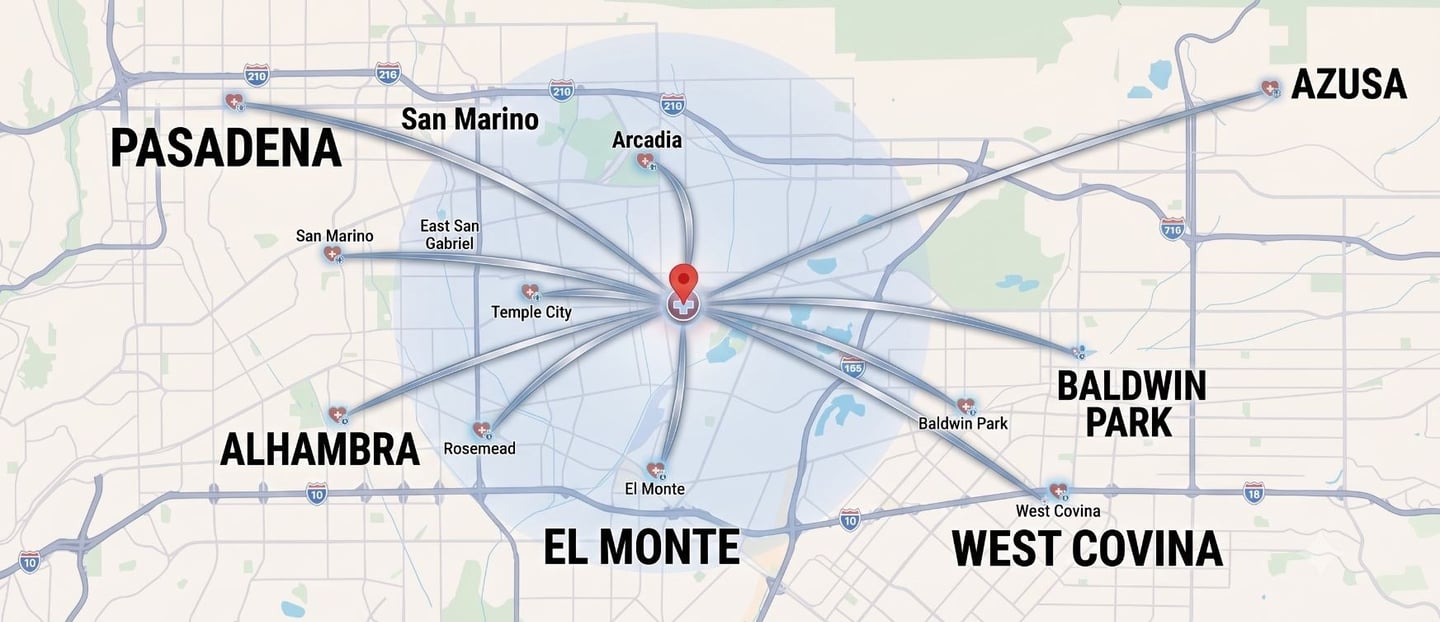 Service map: Acupuncture in Arcadia, Pasadena, and San Gabriel Valley.
