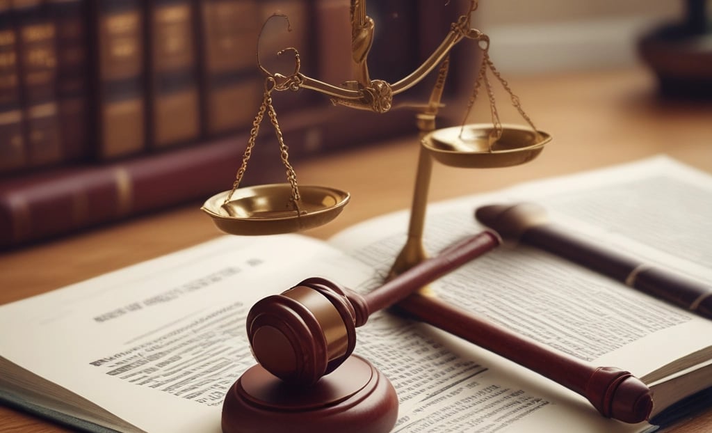 A professional lawyer in a courtroom setting, reviewing case files with focused determination.