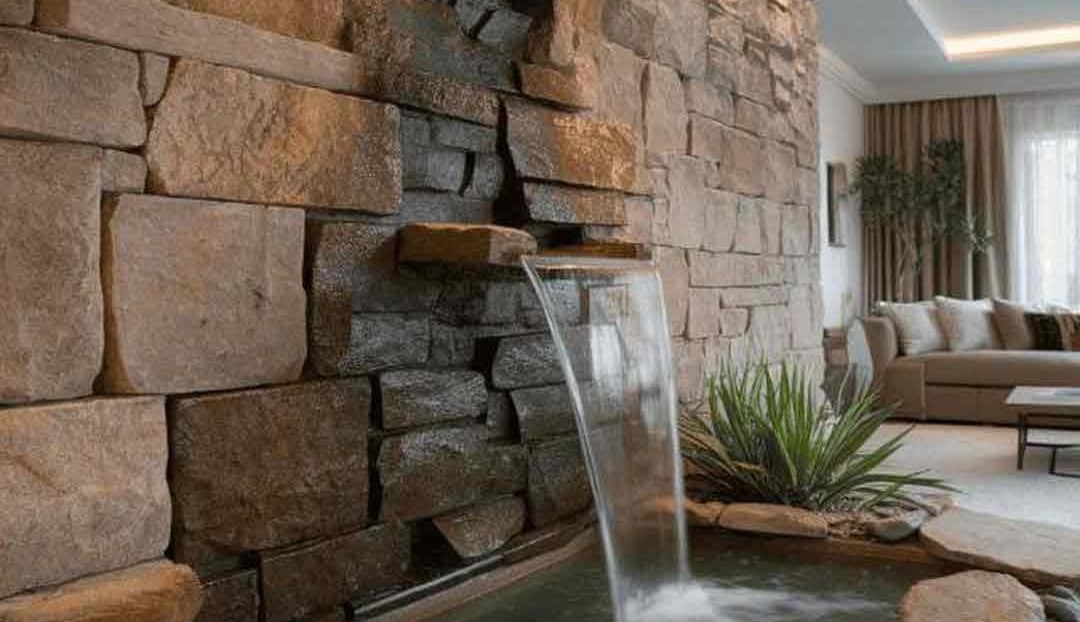 a waterfall in a stone wall with a couch and a couch
