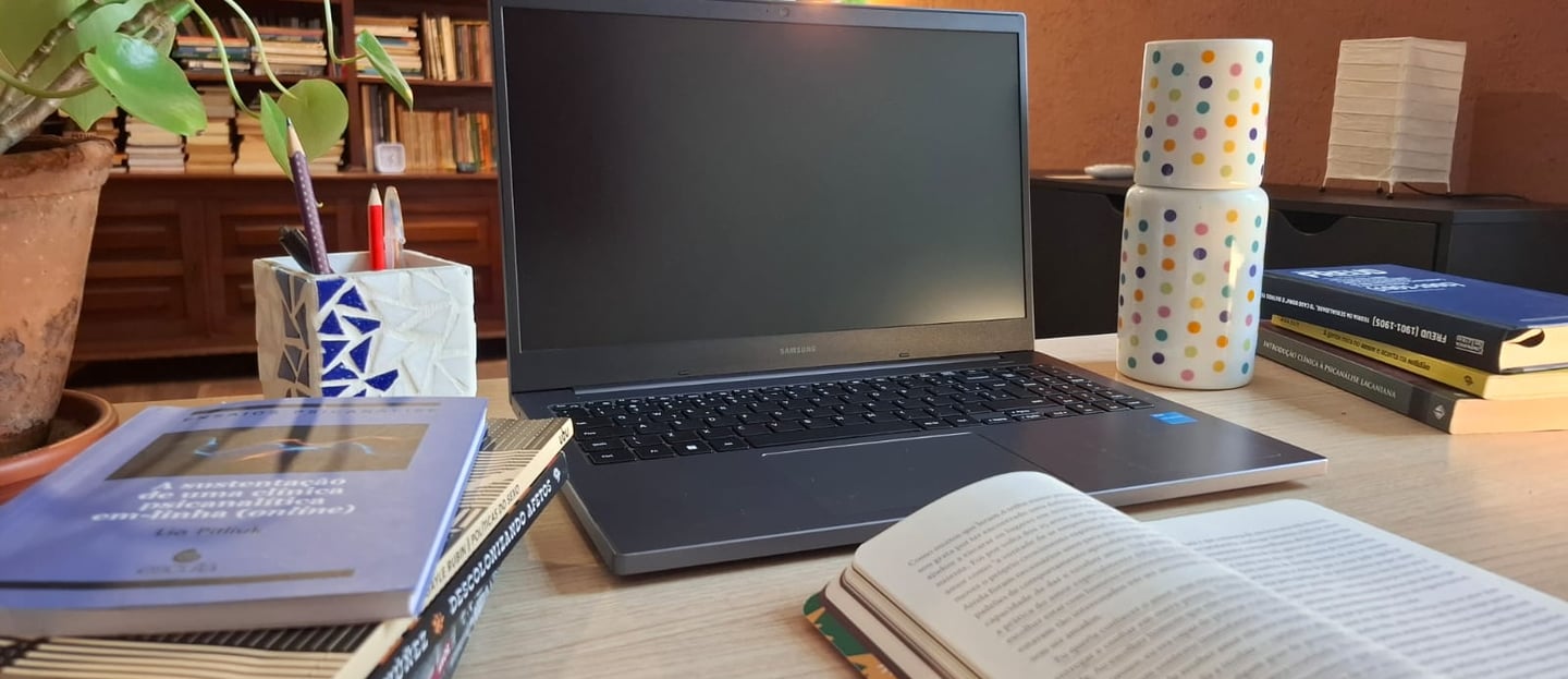 Mesa de trabalho com livros de autoras como Ana Suy, Gayle Rubin e Geni Núñez, ao lado do notebook u