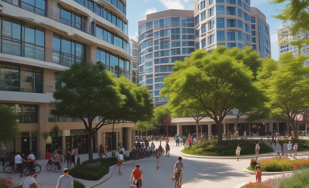 A confident leader standing in front of a large construction site with cranes and buildings in progress.
