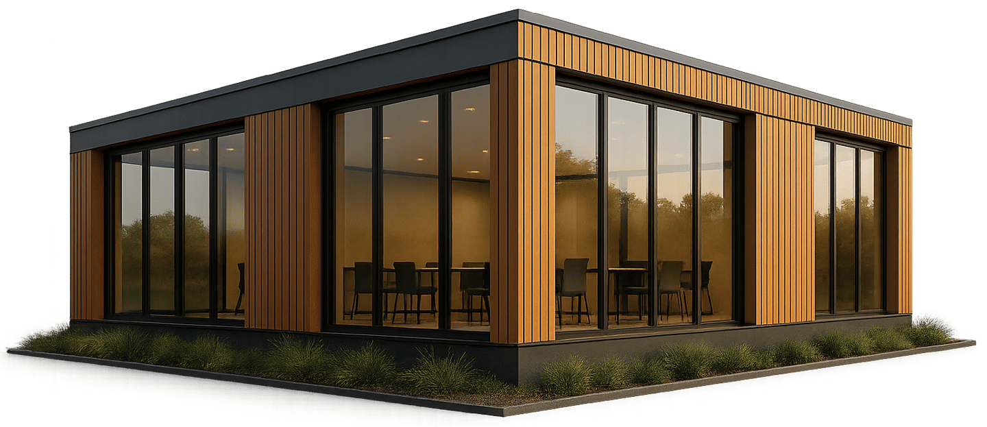 a small house with a wooden structure and glass windows