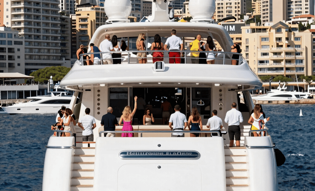 A sleek luxury yacht slicing through calm blue waters under a clear sky.
