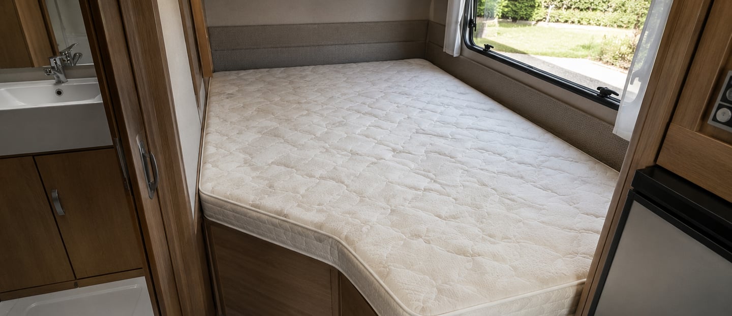 Maatwerk matras in caravan of camper, perfect passend ingebouwd slaapgedeelte met hoogwaardige afwer