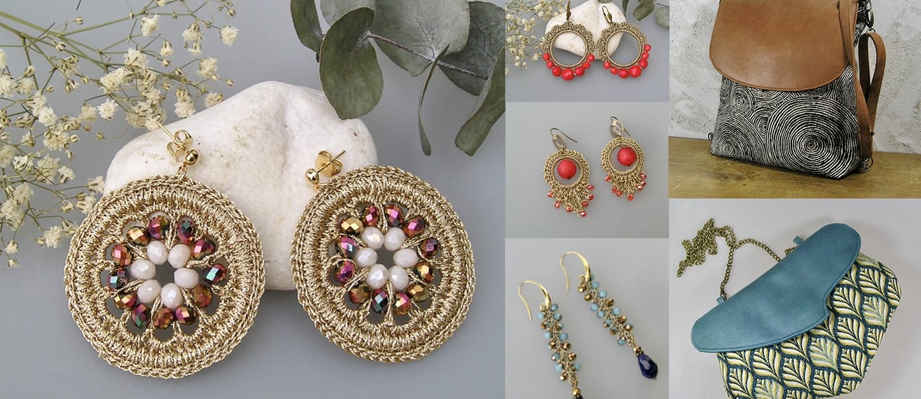 un collage de différents accessoires de mode au crochet et en tissus