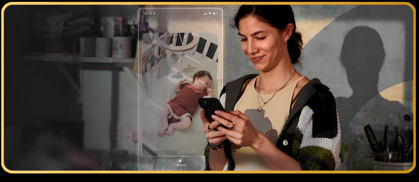 a woman in a black jacket and a cell phone