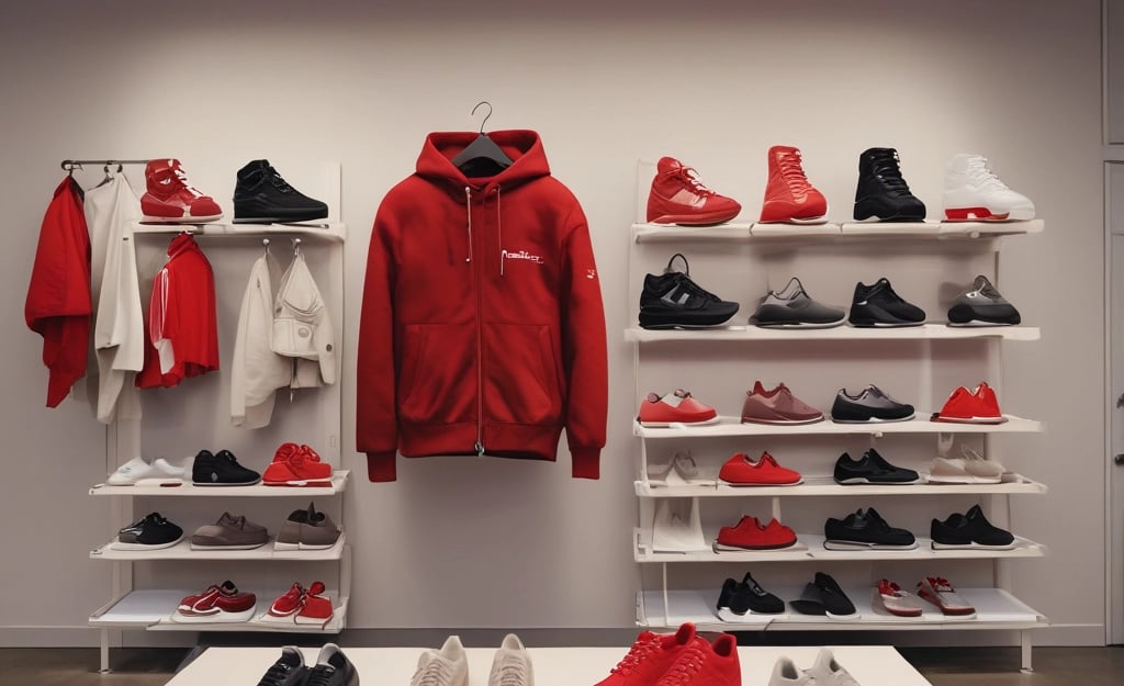 A storefront display featuring an arrangement of  on  and racks. A mannequin is dressed in a light-colored hoodie and sweatpants, surrounded by folded and hanging clothes. The background consists of a plain-textured wall with signage promoting sustainably sourced cotton. The silhouette of a person in a hat is visible in the foreground.