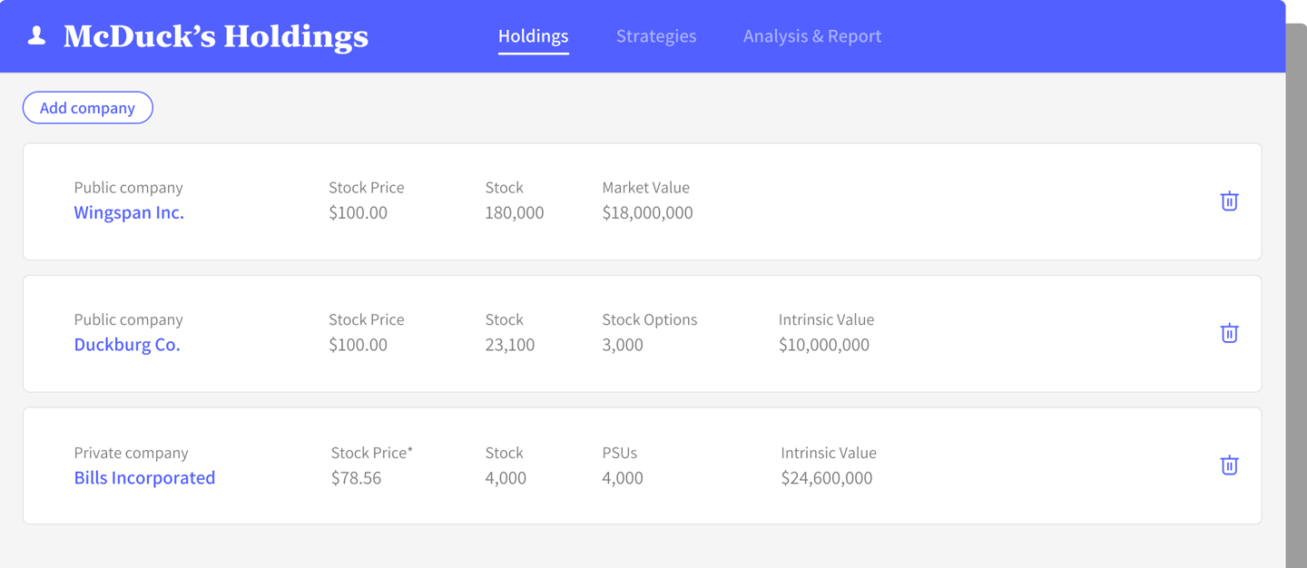UI displaying equity comp across different companies