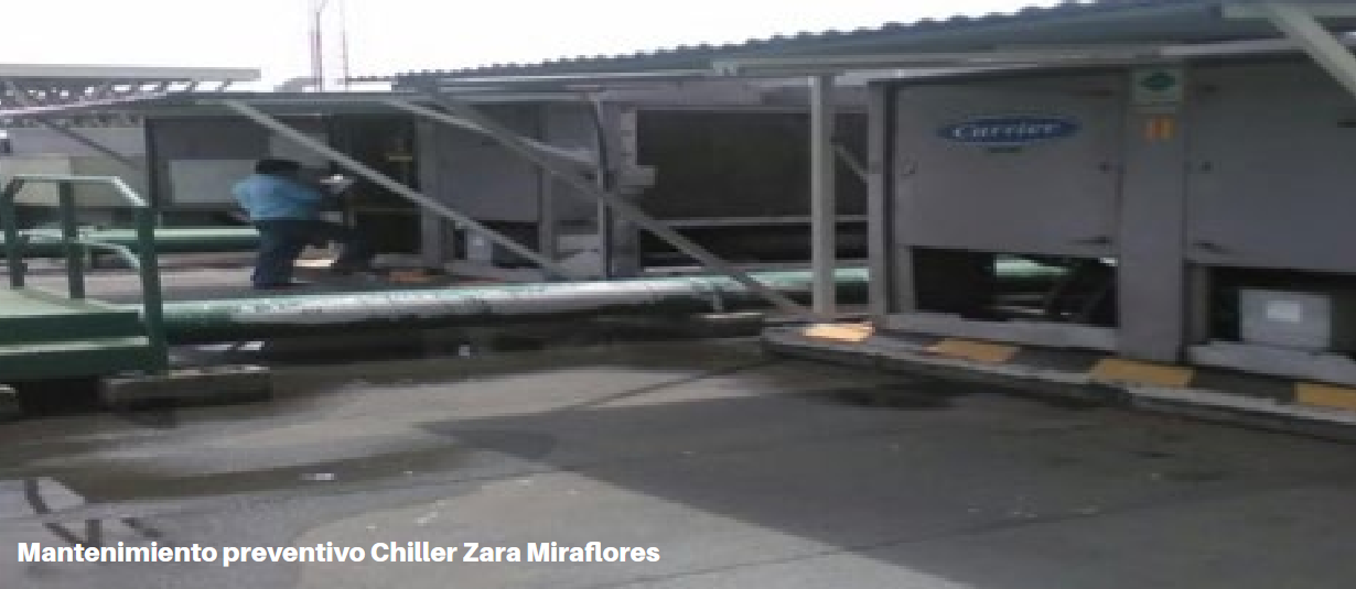 Mantenimiento preventivo de equipos Chiller en los exteriores de Zara, Miraflores, Guatemala