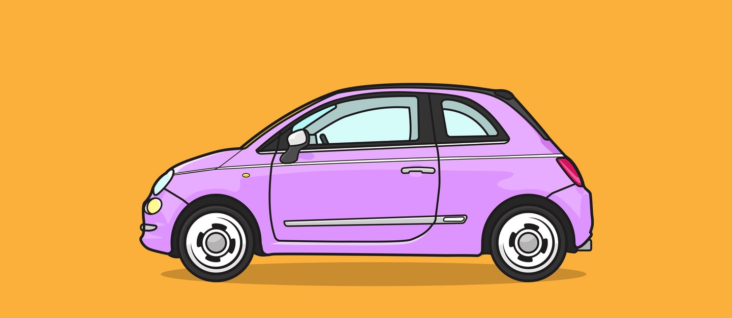 a small car with a pink car in the background
