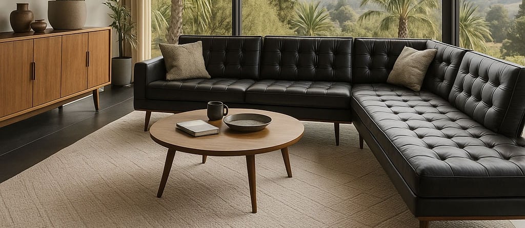 Black Mid-Century sectional in a sunlit room with wood ceilings and neutral decor