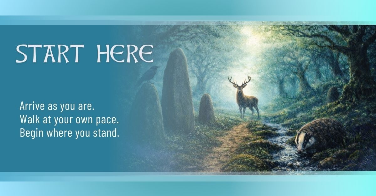 “Twilight forest scene with a stag, crow, badger, standing stones, and a misty path, used as the Ani