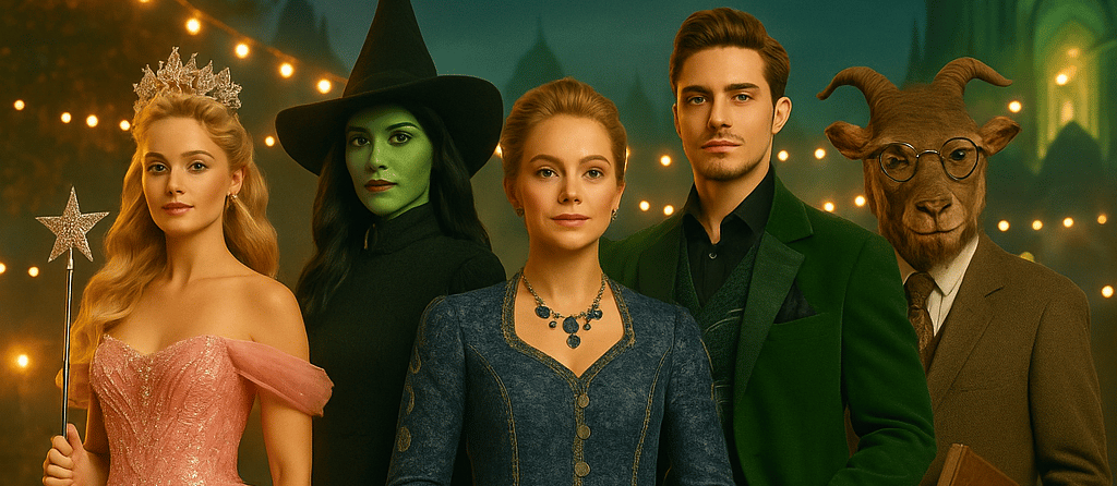 Cinematic Halloween group photo featuring Glinda in a sparkling pink ball gown, Elphaba 