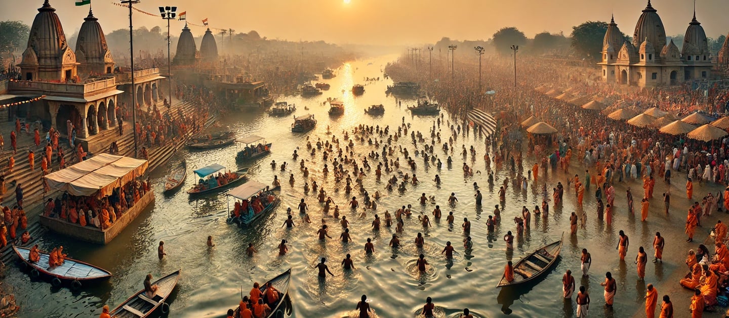 Aerial view of Mahakumbh in Prayagraj, with millions of Hindu pilgrims by the holy Ganges River