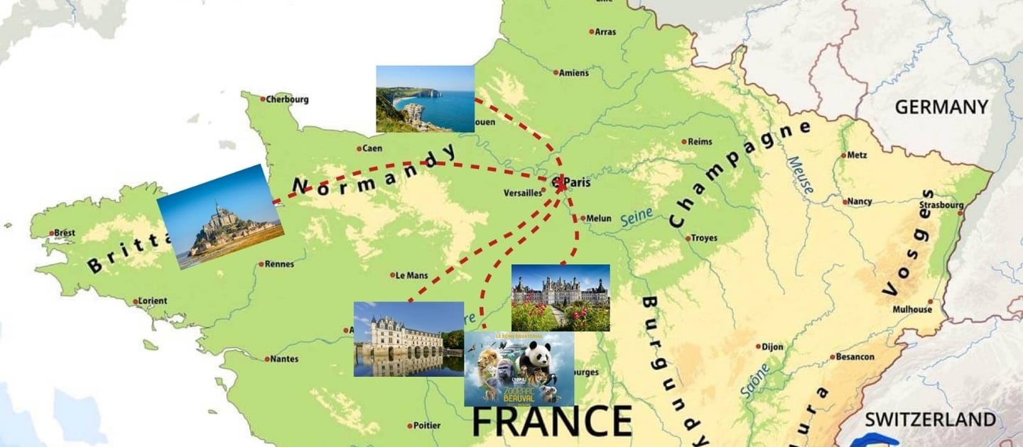 Map of France with highlighted routes from Paris to Normandy, Loire Valley and major attractions