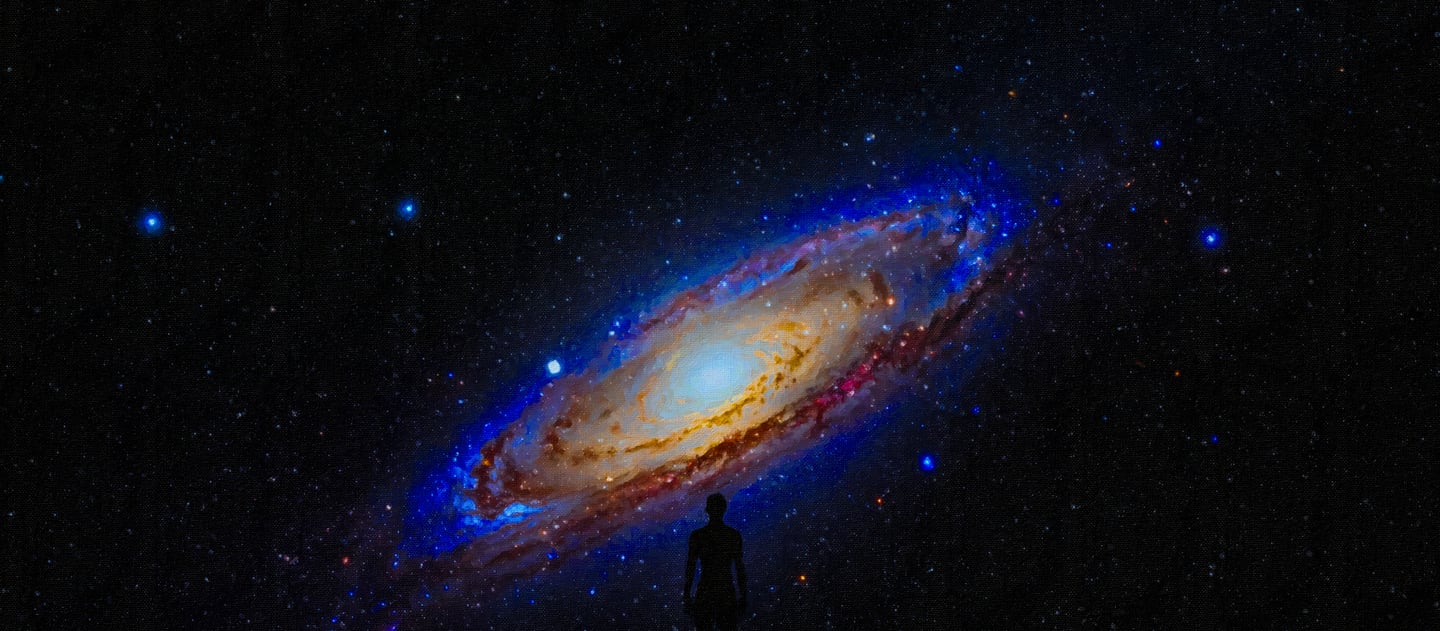 A serene mind drifts under endless stars, feeling small yet meaningful as cosmic vastness deepens wo