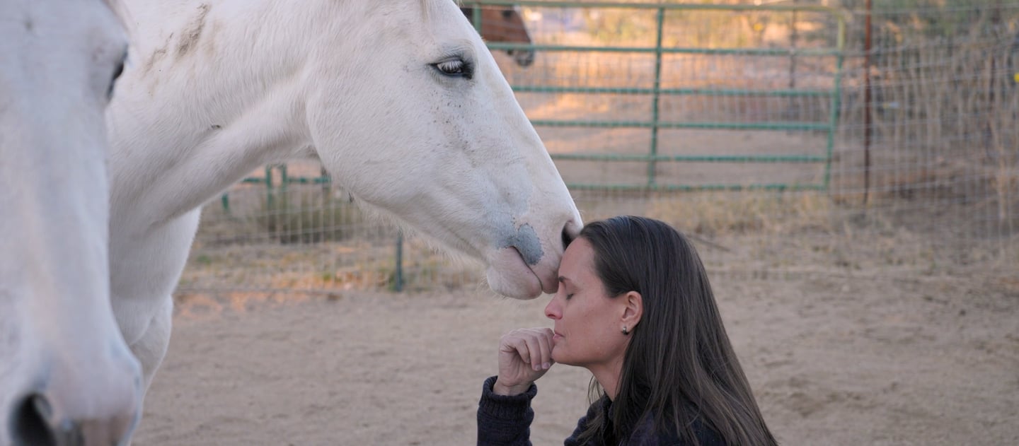 A white horse gently touches its nose to a woman's forehead during an equine therapy session.
