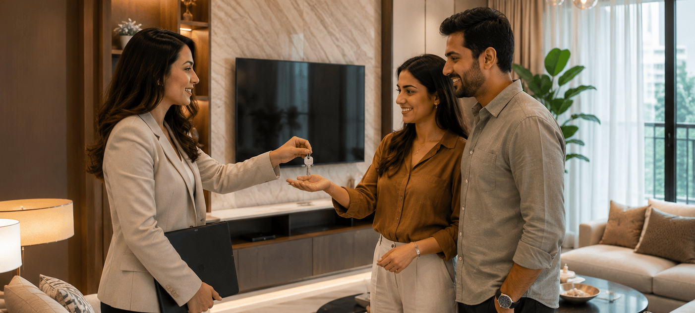Real estate agent handing house keys to a happy couple in a modern luxury apartment.