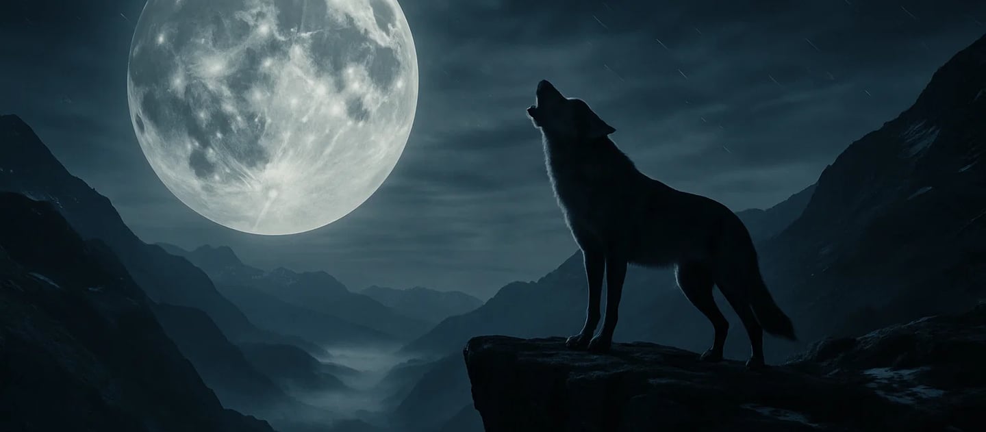 Wilk wyjący do księżyca na tle nocnego nieba – symbol duchowego poszukiwania, intuicji i samotnej refleksji