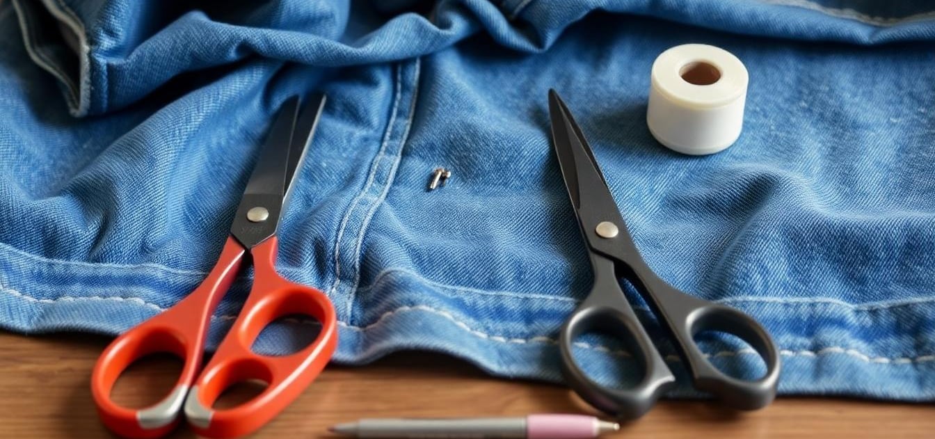 a pair of scissors and blue jeans on a table