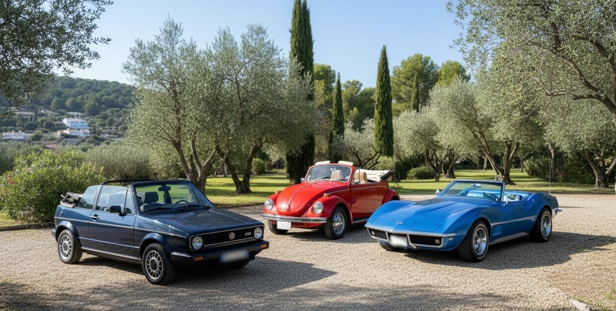 Chevrolet Corvette C3, Volkswagen Beetle y Golf MK1, coches clásicos descapotables perfectos para bodas.