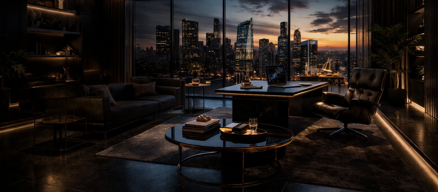 "Escritório executivo moderno com vista panorâmica de uma cidade iluminada ao entardecer, interior sofisticado com mesa