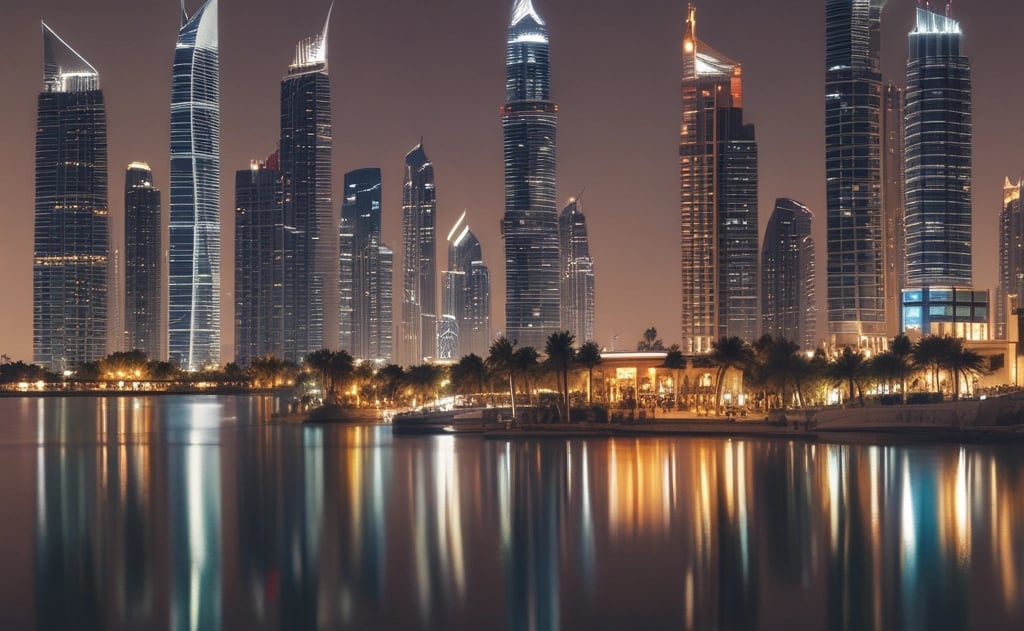 A modern urban scene featuring tall palm trees, skyscrapers, and the entrance to a shopping mall with the name 'Dubai Mall' prominently displayed. The architecture is sleek and contemporary, with flags lining the pathway to the entrance.