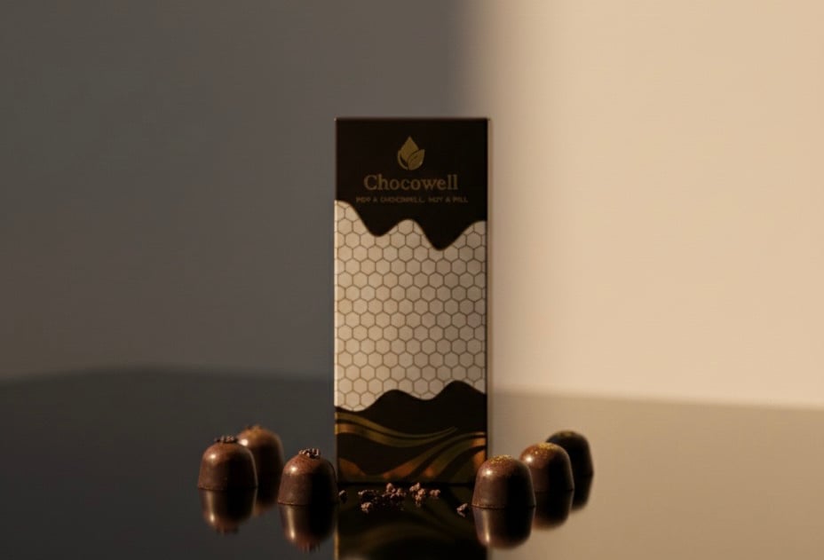 Gourmet Chocowell dark chocolate truffles arranged in front of luxury branded packaging on a reflective surface.