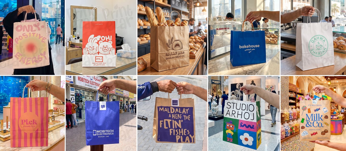 kraft paper bags used in different businesses like toy store, beauty salon, grocery, bakery and more
