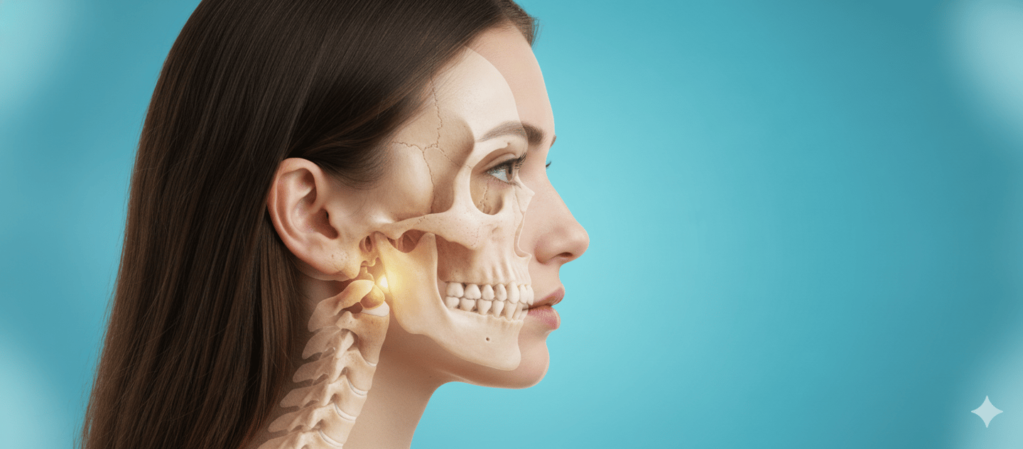 Ilustración lateral de la cabeza de una mujer con una superposición del cráneo y columna vertebral