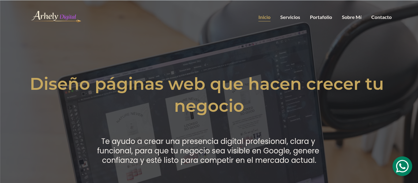 Página web de Arhely Digital mostrando servicios de diseño web profesional para negocios.