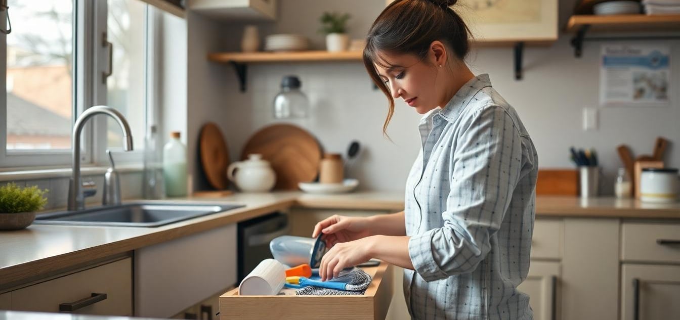 woman cleaning out a junk drawer in the kitchen