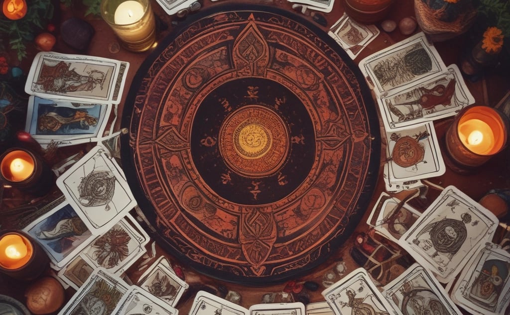 A serene cosmic background with glowing tarot cards and twinkling stars surrounding a glowing golden contact icon.